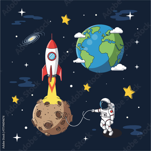 Cartoon illustration of a rocket launching from a planet, astronaut exploring space near Earth.