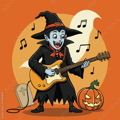 Cartoon Vampire Character Playing Electric Guitar for Halloween Celebration