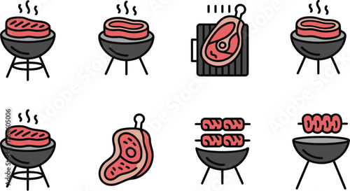 Steak grilling barbecue bbq meat food summer party cookout picnic vector set