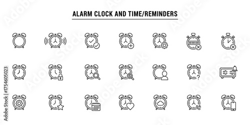 Set of line style icons for alarm clocks and time reminders