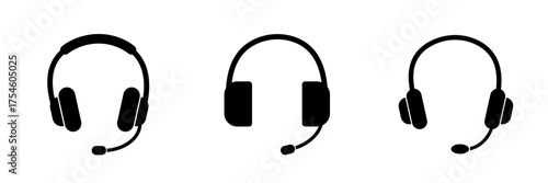 Headphones icon. Black headphones icon collection. Set of music headphones icons. headphone with microphone.  Vector headphone icons