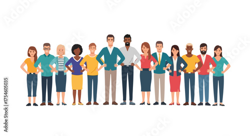 A large and diverse group of people standing together in a row, representing a confident and united community or workforce