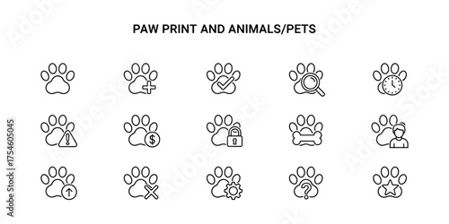 Set of Paw Print and Animals/Pets Line Art Icons