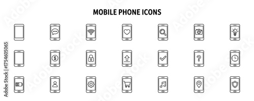 Set of outlined mobile phone icons in line style