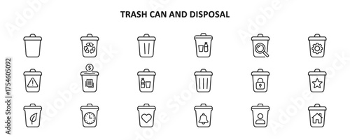 Set of outlined trash can icons for disposal and functionality