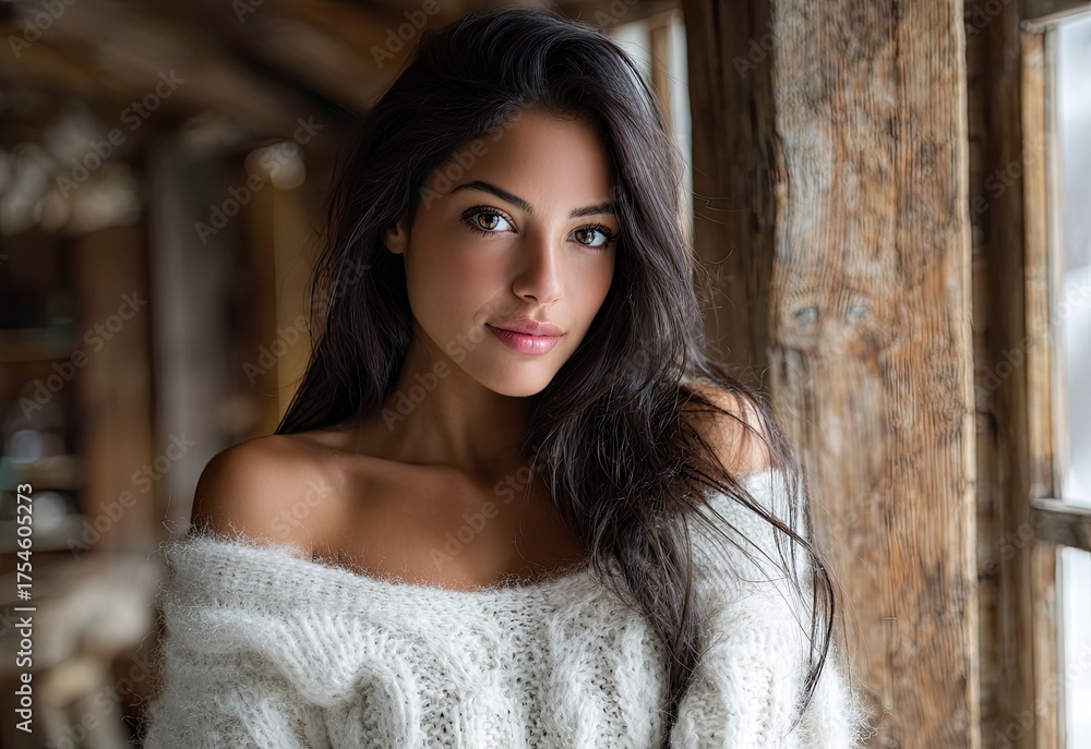 Fototapeta premium a beautiful brunette woman wearing an off-the-shoulder white sweater, standing in front of a window with sunlight shining on her face and body