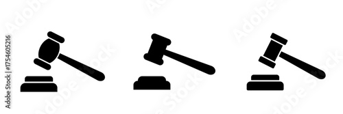 Gavel icons. Judge gavels collection flat icon. Gavel icon in different style. Vector isolated illustration.