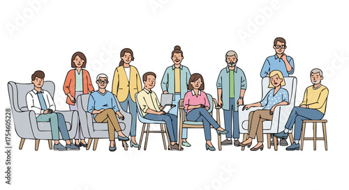 Group of Diverse People Relaxing and Working in Chairs, Smiling, and Holding Laptops and Phones