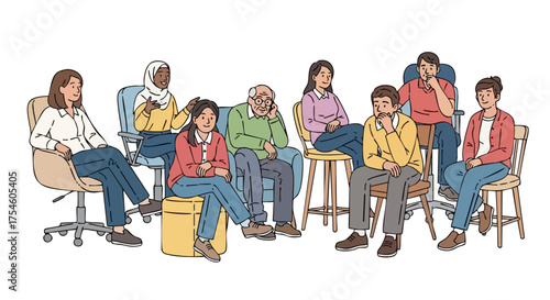 Diverse Group Seated Together in Conversation Vector Illustration