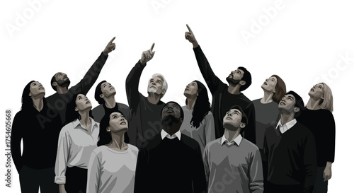 A diverse group of people looking upwards, pointing towards the sky, symbolizing hope and aspiration