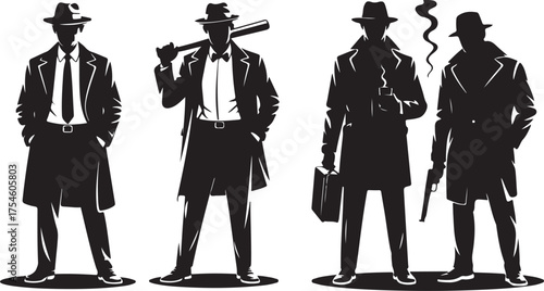Four silhouetted men in fedoras and trench coats gangster