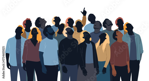 Large assembly of diverse people looking upwards in unison, a symbol of shared vision and unity