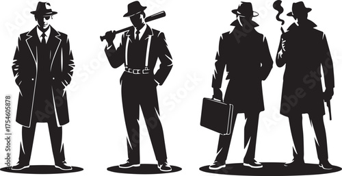 Four silhouette men in fedoras and trench coats gangster