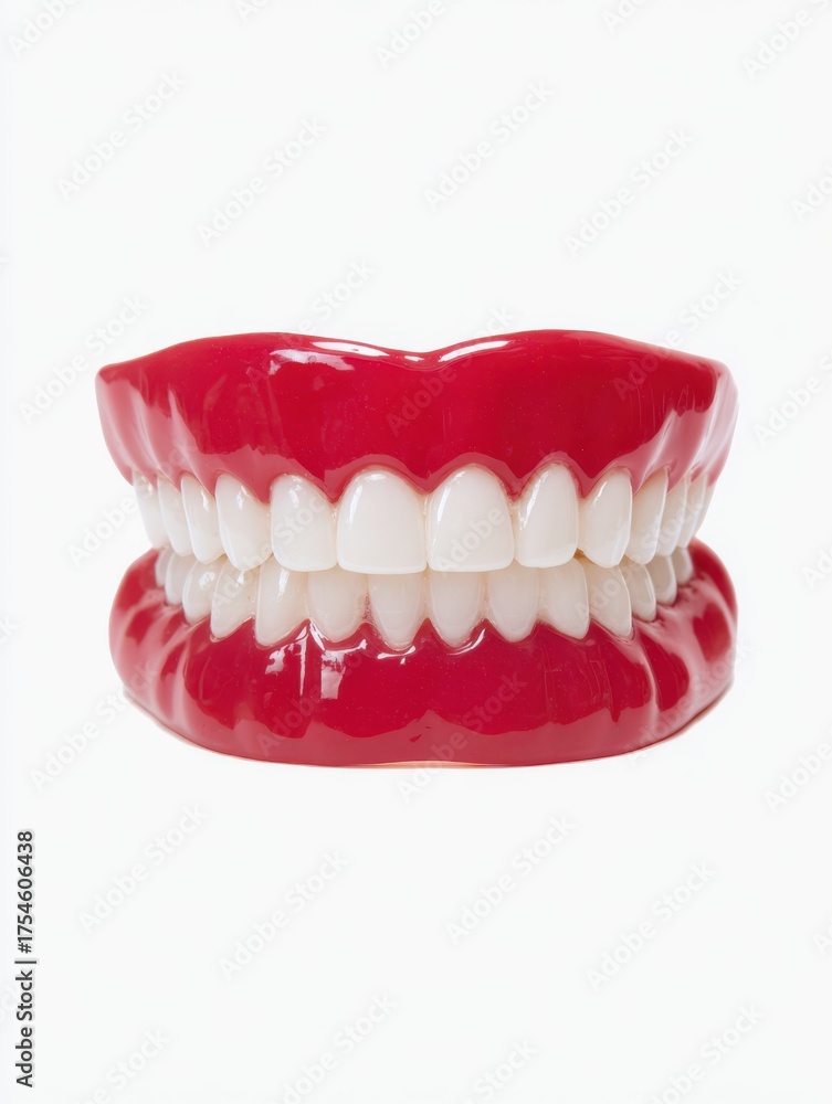 Fototapeta premium A pristine dental model featuring perfect white teeth and vibrant red gums, isolated on a clean white background, ideal for dentistry concepts.