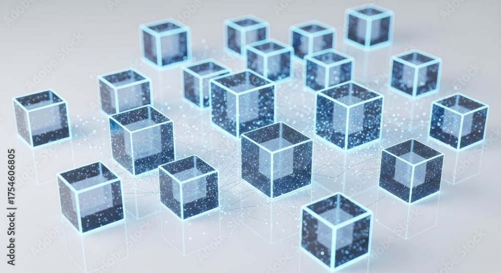 Fototapeta premium Array of translucent blue cubes with glowing edges and internal particles on a light 2025-2026 Full HD 4K Technology Background Icon Download background