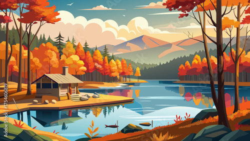 Very beautiful autumn lake view at Umstead State Park, North Carolina, surrounded by colorful trees, calm reflections on the water, golden foliage, peaceful landscape, and serene natural atmosphere.