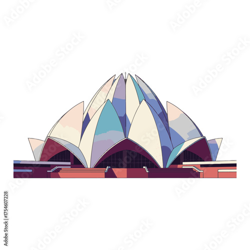 A stylized illustration of the Lotus Temple, showcasing its unique architectural design and vibrant colors.