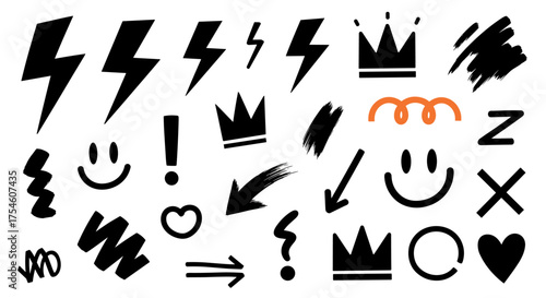 A collection of hand drawn doodle icons and symbols including lightning bolts smiles crowns and arrows.