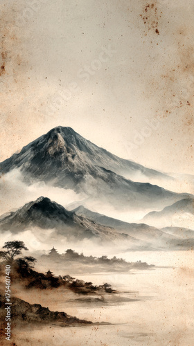 Traditional Asian Ink Wash Painting of Foggy Mountains and Temple