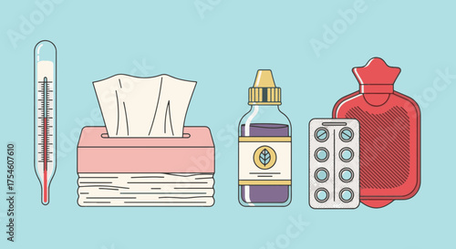 Vector illustration set of medical items for cold treatment. Sickness and healthcare concept with a thermometer, tissues, pills, and medicine