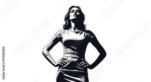 High contrast black and white illustration of a confident woman in a power pose, viewed from a low angle. A graphic symbol of female strength and leadership