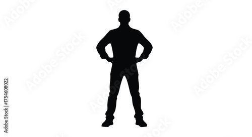 Silhouette of a man standing confidently with hands on hips, isolated on white background