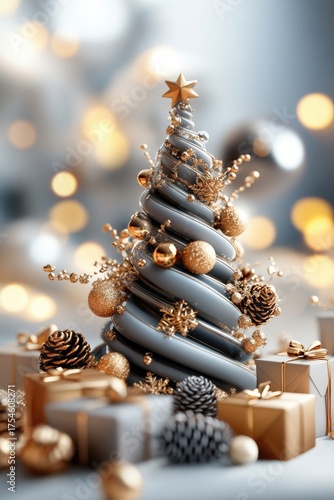 Elegant holiday scene with golden decor and christmas tree against soft bokeh lights