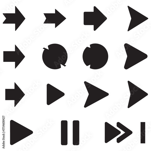 Collection of various black arrow, play, and pause icons on a white background.