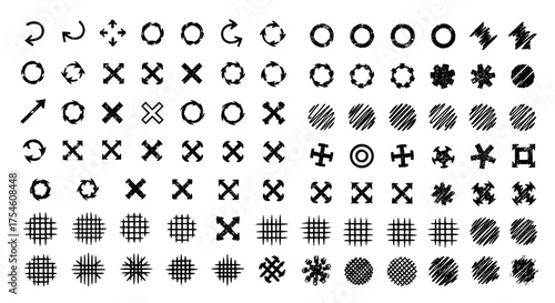 Collection of various hand-drawn circular and cross-shaped abstract graphic elements and symbols for design purposes.