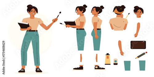 Character Design Young Woman Artist with Art Supplies for Animation & Illustration