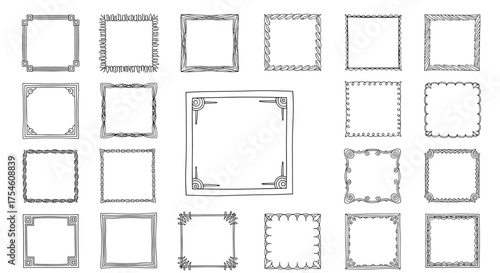 A collection of twenty-four unique hand drawn decorative square borders and frames.