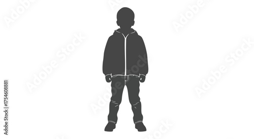 Dark gray silhouette of a young child standing, wearing a casual hoodie and pants. Isolated vector graphic icon of a little boy