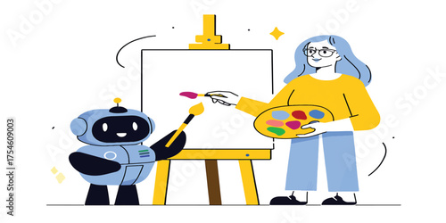 Creative collaboration between a female artist and an AI robot painting on a canvas