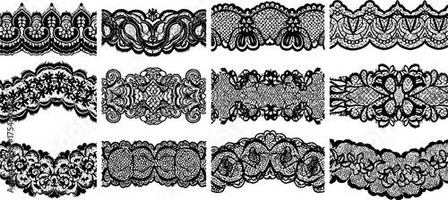 Lace pattern elements. Vintage seamless figured lace borders, beautiful wedding lace decoration. Black lace borders vector illustration set. Seamless black gorgeous stripe, delicate simple pattern on 