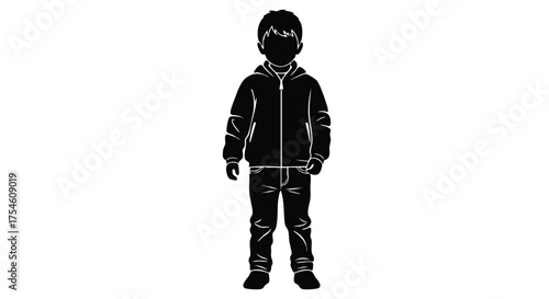 Silhouette of a Young Boy Vector Illustration of a Child Standing, Monochrome Art