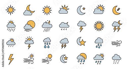 Collection of weather icons for forecasting and meteorology illustrations.