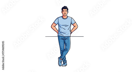 Man leaning on a surface with hands on hips, casual pose in a simple illustration