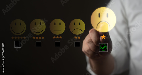 Man pressing unhappy customer feedback icon, concept of poor service review, dissatisfaction, and negative experience.  satisfaction rating