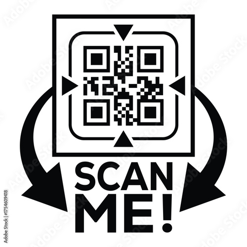 A bold, black and white vector graphic featuring a QR code centered in a square with targeting marks. Large arrows point to the text "SCAN ME!", creating a compelling call-to-action for immediate digi