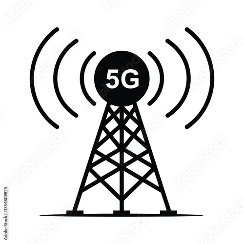 Black and white icon representing a 5g cellular tower transmitting wireless signals