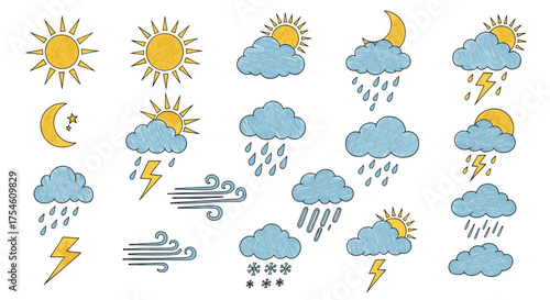 A collection of weather icons depicting various atmospheric conditions including sun clouds rain lightning and wind.