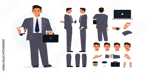 Male professional in suit with briefcase and phone, collection of character poses and accessories