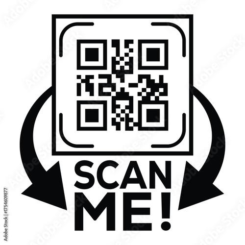 A bold, black and white vector graphic featuring a QR code centered in a square with targeting marks. Large arrows point to the text "SCAN ME!", creating a compelling call-to-action for immediate digi