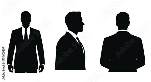 Vector illustration set of a businessman's upper body silhouette, showing front, side, and back profile views for a corporate avatar