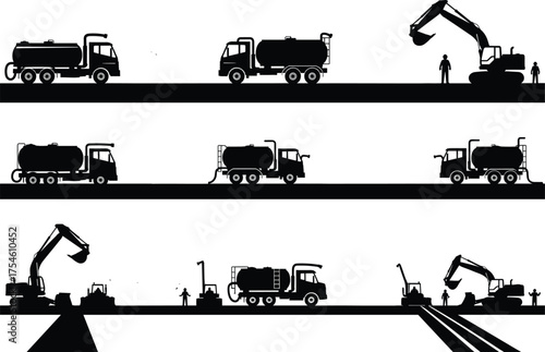 Road construction process vector, tanker trucks, excavators, roller compactor, workers, pavement layering, civil engineering equipment, black and white illustration, infrastructure development