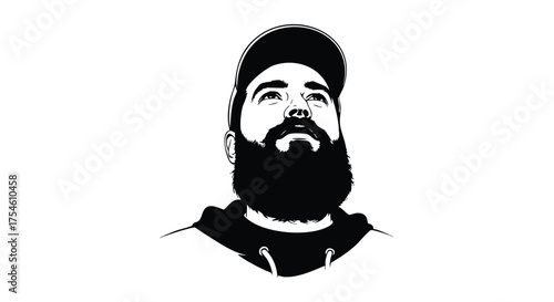 Striking monochrome illustration of a bearded man wearing a cap, looking upwards with a contemplative expression, embodying a modern individual's reflective moment