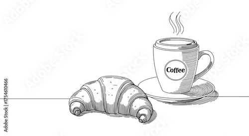 Enjoy fresh coffee and a croissant with this charming hand-drawn illustration, perfect for menus, cafes, and creating a warm, inviting atmosphere