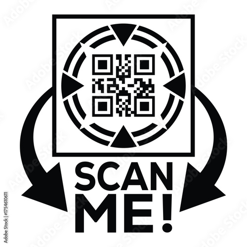 A bold, black and white vector graphic featuring a QR code centered in a square with targeting marks. Large arrows point to the text "SCAN ME!", creating a compelling call-to-action for immediate digi