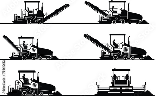 Road construction, paving machine process, asphalt laying steps, infrastructure development, heavy equipment workflow, vector illustration, transportation industry, civil engineering