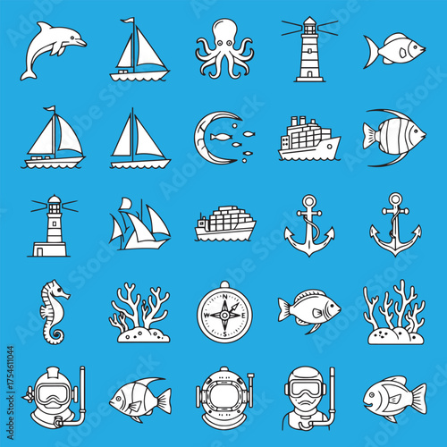 Collection of nautical themed line art icons including sea life, boats, lighthouses, diving equipment, and navigational tools on a blue background.